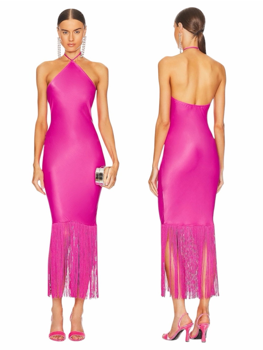 NWT Camila Coelho Payton Maxi Dress Hot Pink Fringe Halter Backless Revolve XXS